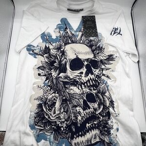 Rebel Vengeance Mens Skull Floral Velvet Graphic Print White T-Shirt‎ Small NWT